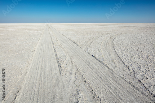 Tracks of cars in the salt dust of the Makgadikgadi salt-pan in Botswana photo