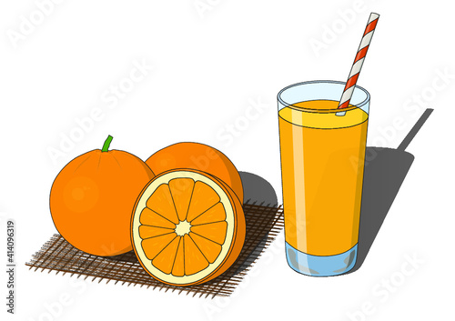 orange juice, whole and cutted oranges