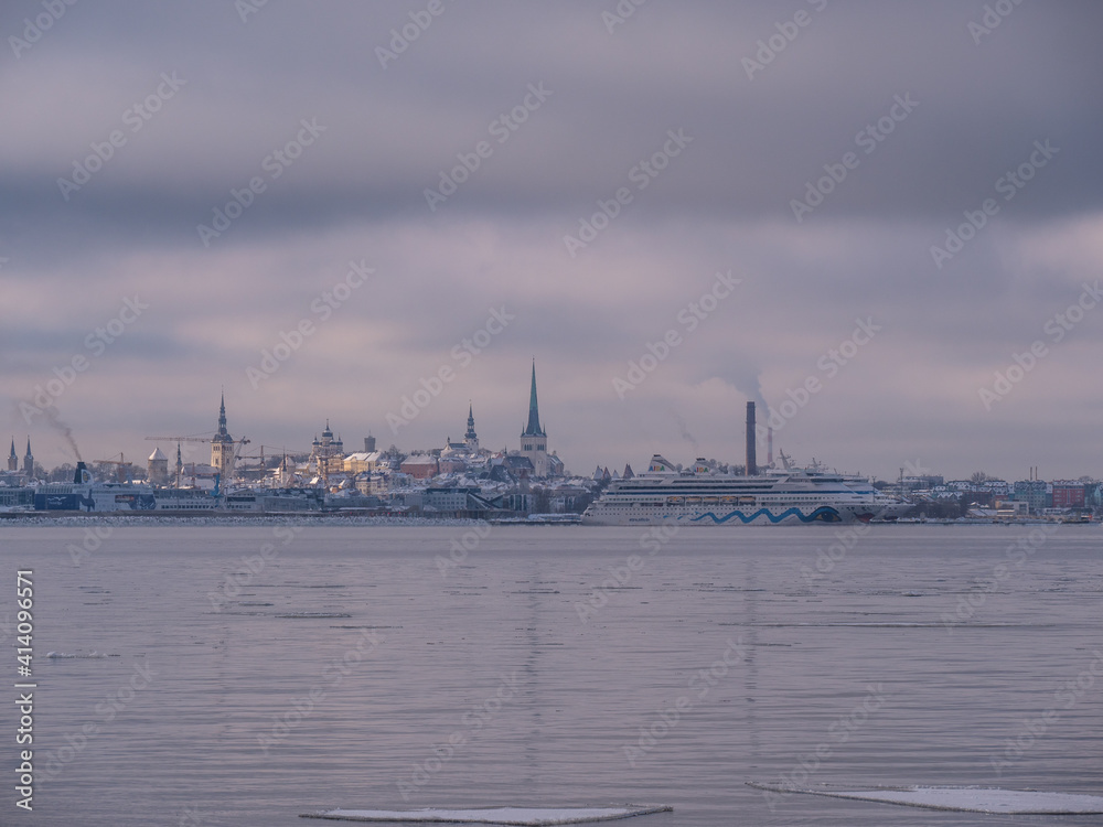 Frozen Baltic Sea and city Tallinn Estonia
