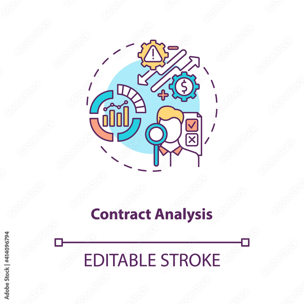 Contract analysis concept icon. Contract lifecycle steps. Review pricing and payment terms between sides idea thin line illustration. Vector isolated outline RGB color drawing. Editable stroke Contract analysis concept icon. Contract lifecycle steps. Review pricing and payment terms between sides idea thin line illustration. Vector isolated outline RGB color drawing. Editable stroke
