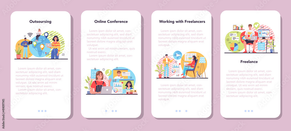 Freelance or outsoursing mobile application banner set. People working remotely