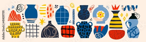 Ceramic Vases and random Abstract doodle objects. Abstraction, Pottery concept. Various textures. Hand drawn Vector set. Trendy colorful illustration. All elements are isolated
