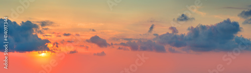 Long Panorama of Sunset Sunrise Sundown Sky with colorful clouds and real sun