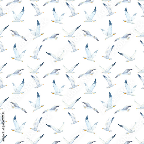 Beautiful seamless pattern with cute watercolor seagulls. Stock illustration.