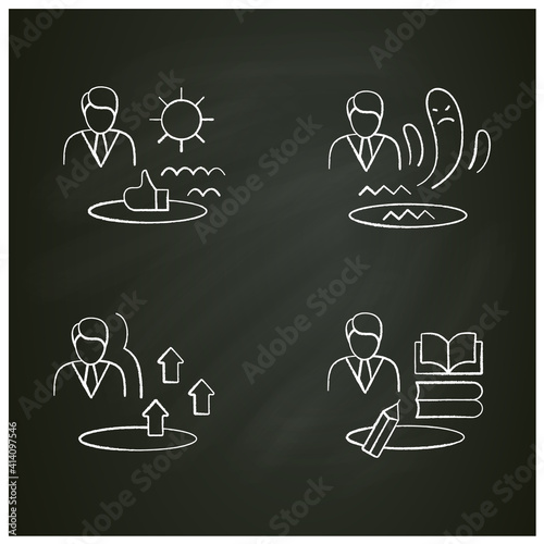 Personal growth chalk icons set. Consists of growth zone, enhancing lifestyle, identifying potential, spiritual identity etc. Isolated vector illustration. Vector illustrations on chalkboard