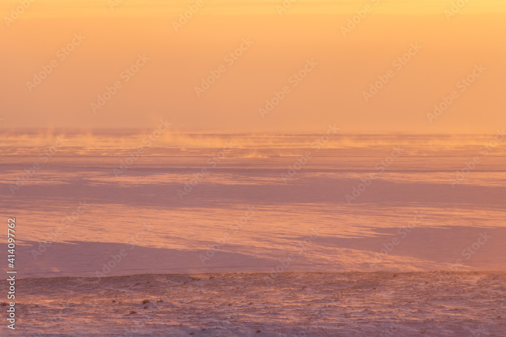 Winter arctic landscape. Morning aerial view of snowy tundra and frozen sea. Cold windy and frosty weather. Blowing snow. Beautiful golden light at sunrise. Chukotka, Polar Siberia, Far North Russia.