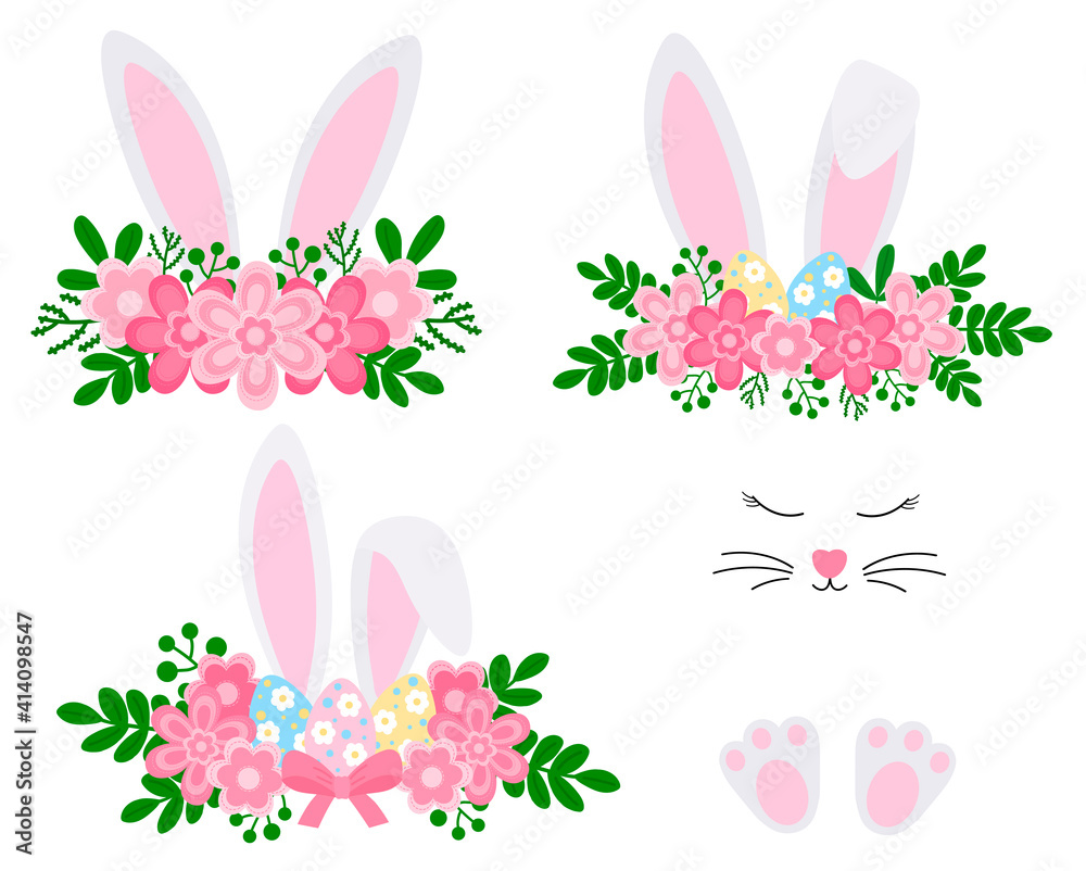 Fototapeta premium Cute easter bunny ears with flowers vector illustration