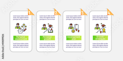 Personal growth vector infographics. Business and career development. Personal development template for presentations, workflow layout, info chart, banner. Mobile app pages screen with 4 concepts