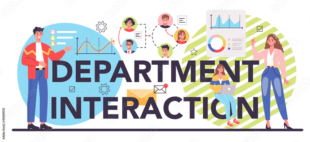 Interaction of departments typographic header. Business teamwork.