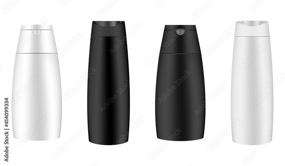 Black and white shampoo bottle, cosmetic bottle blank mockup, vector, isolated on background. Bath cosmetic product container template, liquid milk or soap packaging. Personal hygiene pack Black and white shampoo bottle, cosmetic bottle blank mockup, vector, isolated on background. Bath cosmetic product container template, liquid milk or soap packaging. Personal hygiene pack