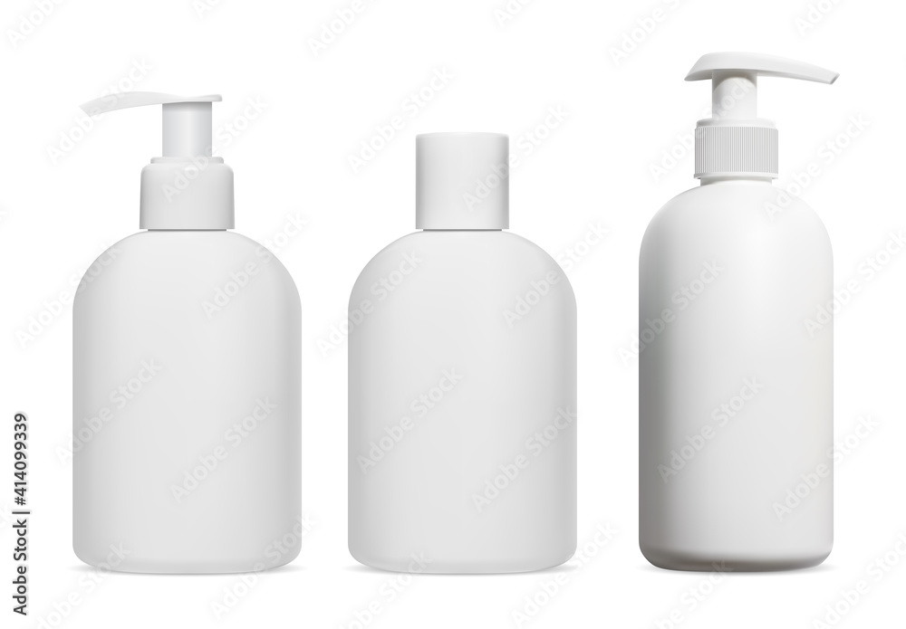 Vecteur Stock Shampoo bottle. Cosmetic lotion, gel, soap dispenser blank  mockup, isolated. 3d vector design of plastic package for shower cream,  bath product. Moisturizer template mock up, pump dispenser | Adobe Stock