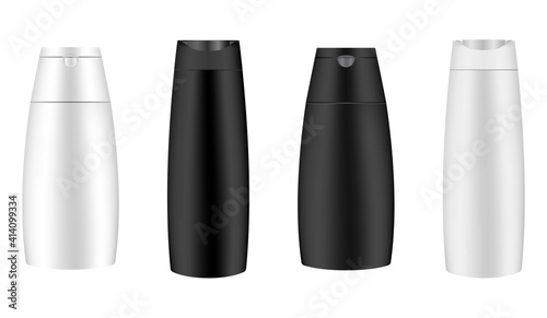 Black and white shampoo bottle, cosmetic bottle blank mockup, vector, isolated on background. Bath cosmetic product container template, liquid milk or soap packaging. Personal hygiene pack
