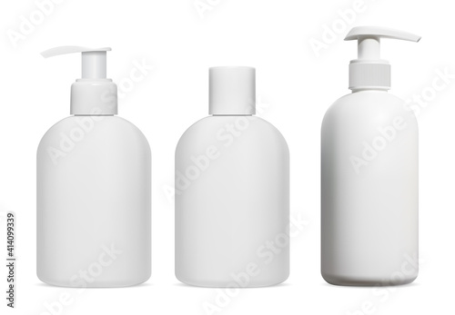 Shampoo bottle. Cosmetic lotion, gel, soap dispenser blank mockup, isolated. 3d vector design of plastic package for shower cream, bath product. Moisturizer template mock up, pump dispenser