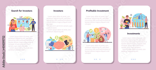 Investor mobile application banner set. Investing stategy, fundamental