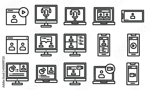 simple icon set of online meeting.  Contains such Icons as presentation, conference, webinar, podcast perfect for web design, ui design, etc. editable stroke