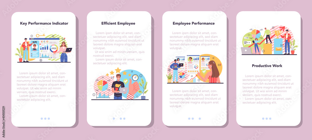 KPI mobile application banner set. Employee evaluation, testing KPI mobile application banner set. Employee evaluation, testing