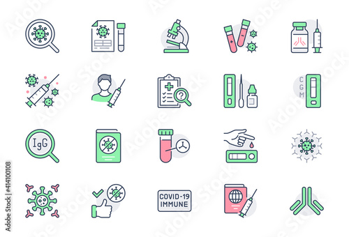 Coronavirus test line icons. Vector illustration include icon - vaccine clinical trial, antibody, rapid kid, blood sample outline pictogram for covid19 diagnostic. Green Color, Editable Stroke