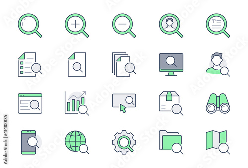 Search simple line icons. Vector illustration with minimal icon - analysis, spyglass lens, loupe, gear, hr, globe, magnifier, binoculars pictogram. Green Color, Editable Stroke