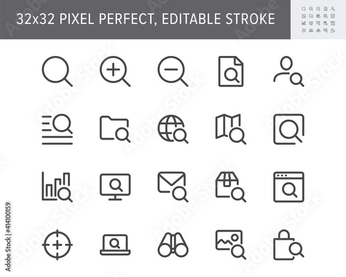 Search simple line icons. Vector illustration with minimal icon - lupe, analysis, lens, loupe, target, hr, globe, folder, magnifier, binoculars pictogram. 32x32 Pixel Perfect Editable Stroke