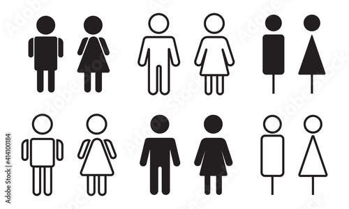 Restroom door pictograms. Woman and man public toilet vector signs  female and male hygiene washrooms symbols  black ladies and gentlemen wc restroom
