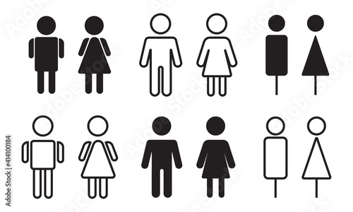 Restroom door pictograms. Woman and man public toilet vector signs, female and male hygiene washrooms symbols, black ladies and gentlemen wc restroom