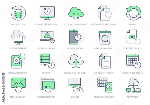 Backup line icons. Vector illustration with minimal icon - recovery data, laptop, system crash repair, database, cloud transfer, recycle bin, folder pictogram. Green Color, Editable Stroke