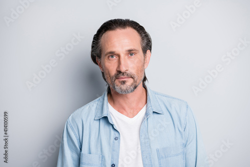 Photo of mature handsome business man confident serious wear casual outfit isolated over grey color background