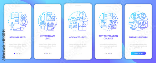 Language study levels onboarding mobile app page screen with concepts. Test prep courses, business english walkthrough 5 steps graphic instructions. UI vector template with RGB color illustrations