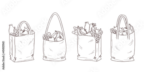 Set of shopping and grocery bags in sketch, hand drawn style.Eco life. Natural farm healthy food. Save the planet and the environment. No waste or plastic. Isolated vector illustration