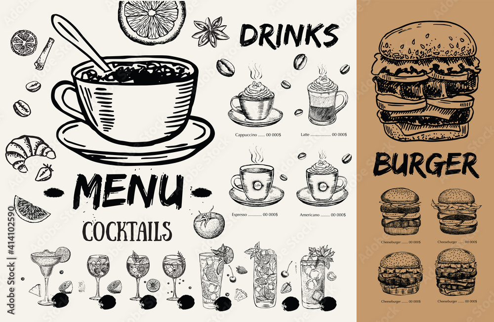Мenu, Brochure Restaurant, template design. Food flyer. Hand-drawn style.