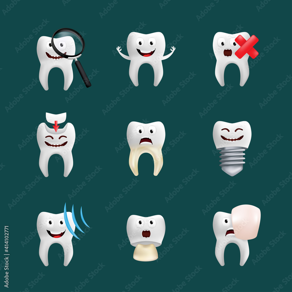Smiling teeth vector set with different elements. Cute character with facial expression. Funny icons for children's design. 3d realistic vector illustration of emotional dental ceramic models