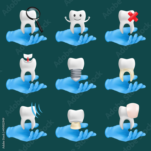 Dental icons vector set with different elements for various website services. 3d realistic illustration of a dentist's hands wearing blue protective surgical gloves holding a teeth ceramic models
