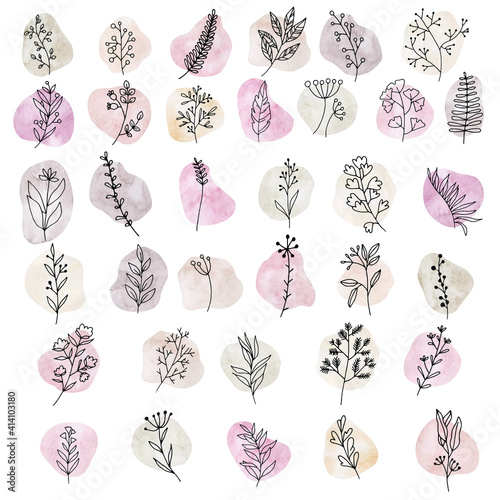 Set of vector abstract elements in terracotta colors Geometric design of background Abstract rainbow, sun, florals and leaves isolated on white background