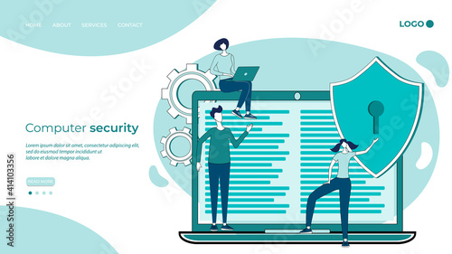 Computer security.The concept of safe use of the Internet connection and data security.Use of antivirus programs.Flat vector illustration.The landing page template.