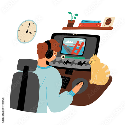 Freelancer videographer, sound engineer, blogger, distant work concept.A guy editing sound and video on his PC from home
