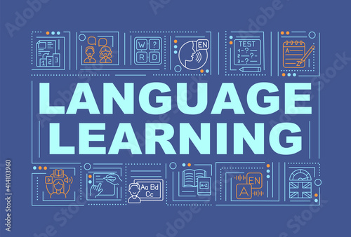 Language learning word concepts banner. Online school lessons for learning new phrases. Infographics with linear icons on navy background. Isolated typography. Vector outline RGB color illustration