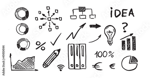 Management concept with Doodle design style. Diagrams icons set.  Hand drawn business symbols.	