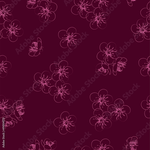 Cherry blossom seamless pattern. Contour drawing