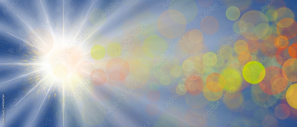 Sfondo banner azzurro con sole raggiante e bokeh colorate Sfondo banner azzurro con sole raggiante e bokeh colorate