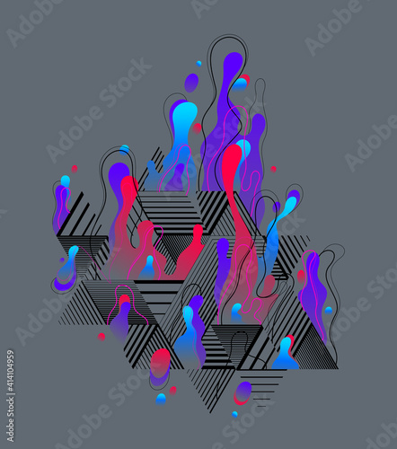 Fluids colorful liquid shapes in motion with geometric lines vector abstract graphic design element, dynamic modern art flowing and changing forms, gradients lava bubbles.