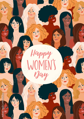 International Womens Day. Vector illustration with women different nationalities and cultures.
