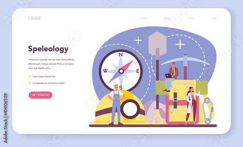 Speleologist web banner or landing page. Scientst exploring