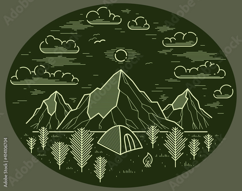 Camping tent in mountains range and pine forest vector linear illustration on dark, holidays and vacations theme line art drawing, design wanderlust.