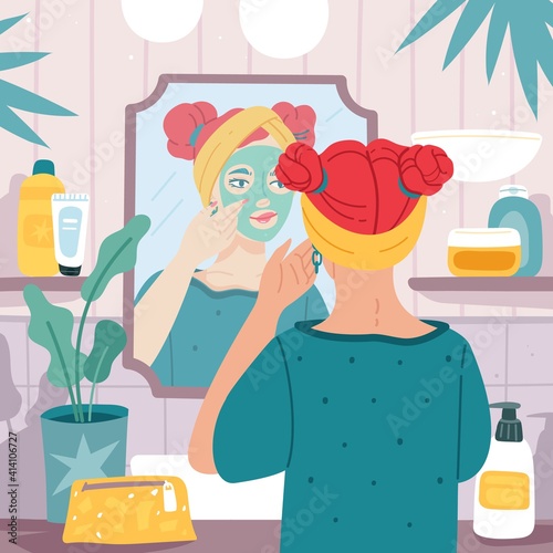 Mirror reflection. Beautiful woman makes face mask in bathroom interior, female care skin routine and hygiene, girl morning beauty routine, organic cosmetic vector cartoon concept