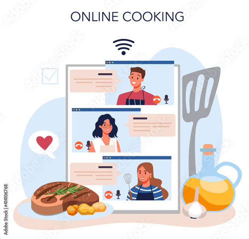 Steak online service or platform. People cooking tasty grilled meat