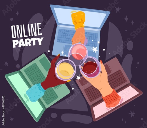 Online drinking. Remote communication, birthday party hangout connection on laptop, internet meeting, female hands with wine glasses, videoconference with friends. Vector cartoon concept