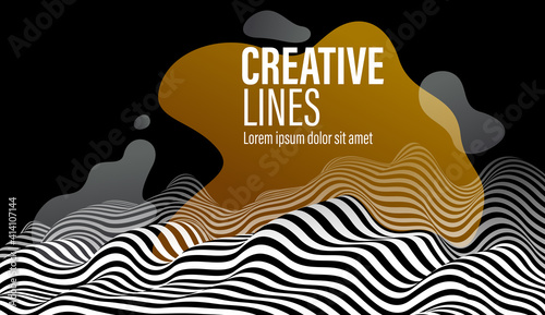 3D black and white lines in perspective with yellow fluid liquid paint splat abstract vector background, linear perspective terrain pattern op art.