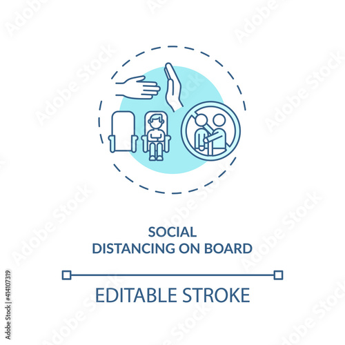 Social distancing on board concept icon. Business travel during covid 19 pandemic idea thin line illustration. Tourism service. New normal. Vector isolated outline RGB color drawing. Editable stroke
