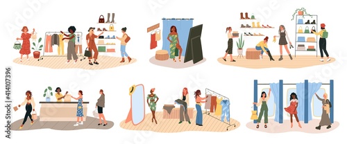 Shopping. Happy women try dresses and shoes in store. People choose outfit in fitting rooms. Females consult with seller about buying clothes, pay for purchases at checkout vector cartoon set