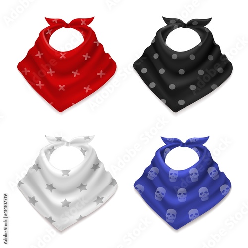 Realistic bandana scarf. 3d silk red and blue, white and black scarves with patterns, cowboy style neckerchiefs with prints, fashion neck and head accessories, tied hanky vector set
